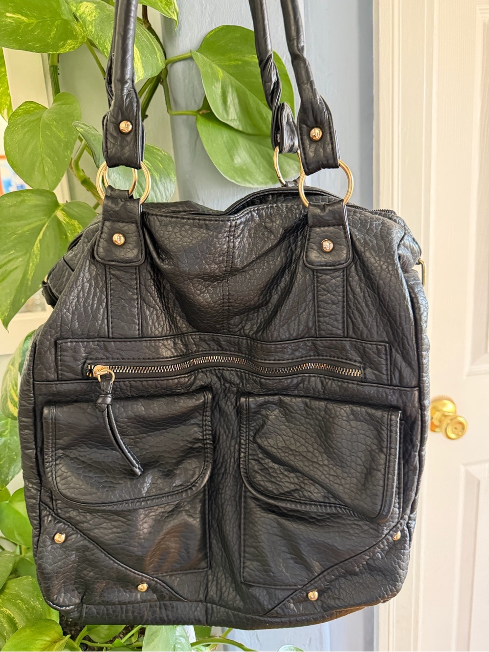 Under One Sky Black Leather Shoulder Tote with Gold Hardware